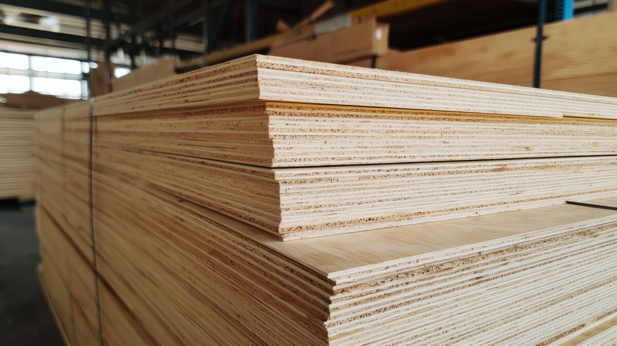 Stos płyt, z których każda to sklejka surowa.