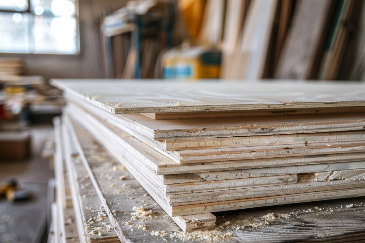 Stos płyt sklejka leży na stole w warsztacie stolarskim.