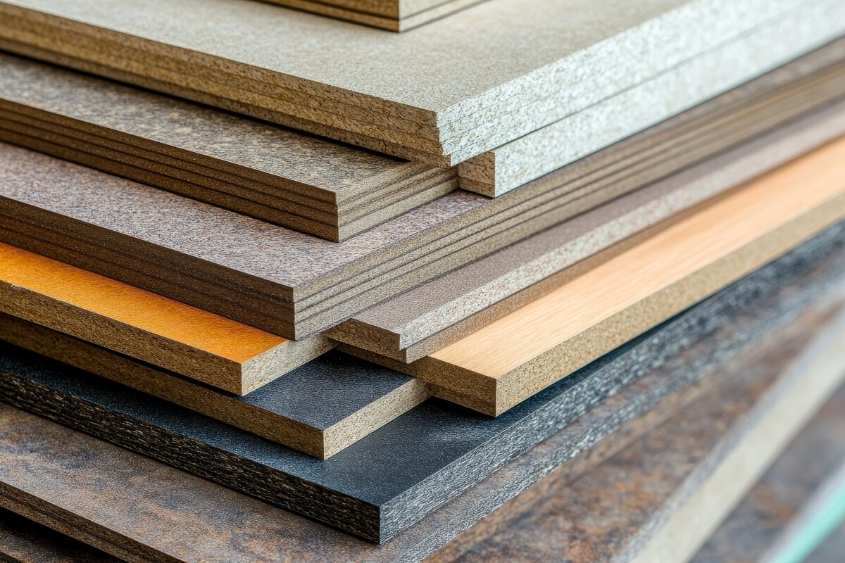 Stosy różnokolorowych płyt ze sklejki leżące jedna na drugiej.