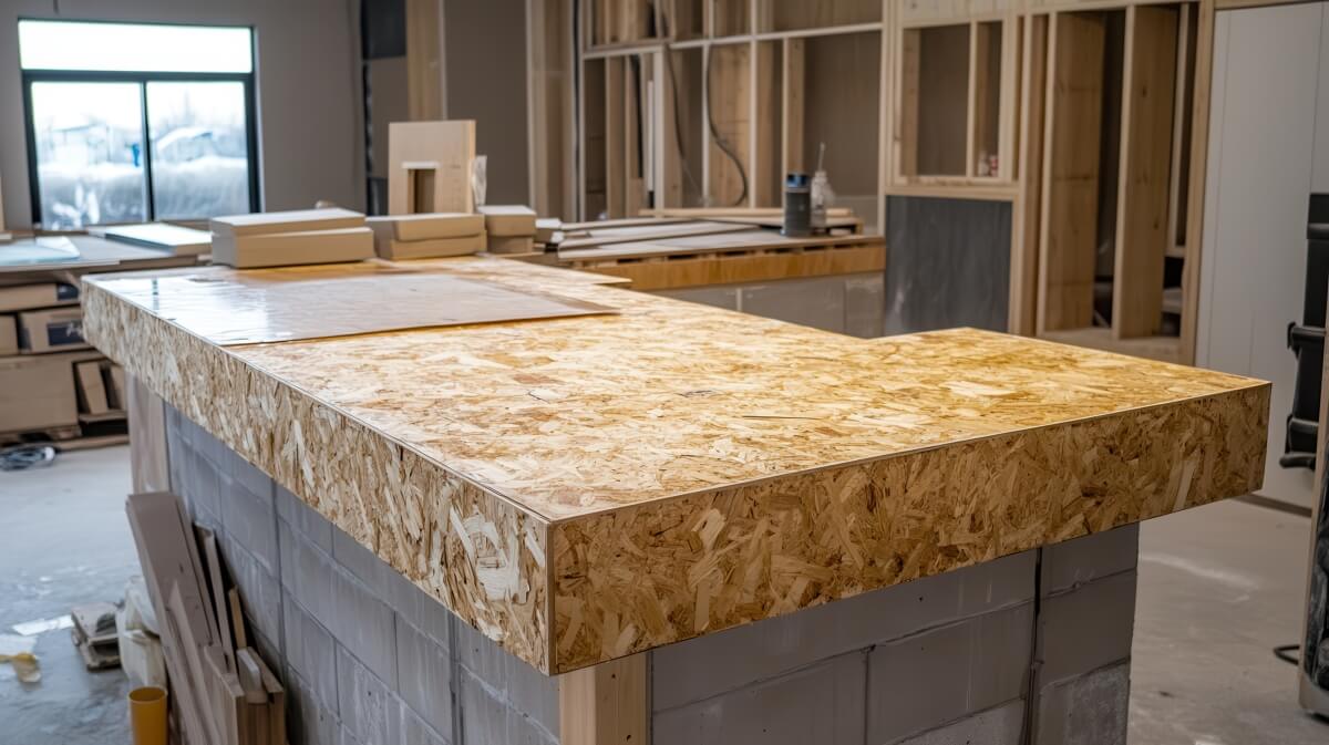 Kuchnia w budowie z blatem z laminowanej sklejki.