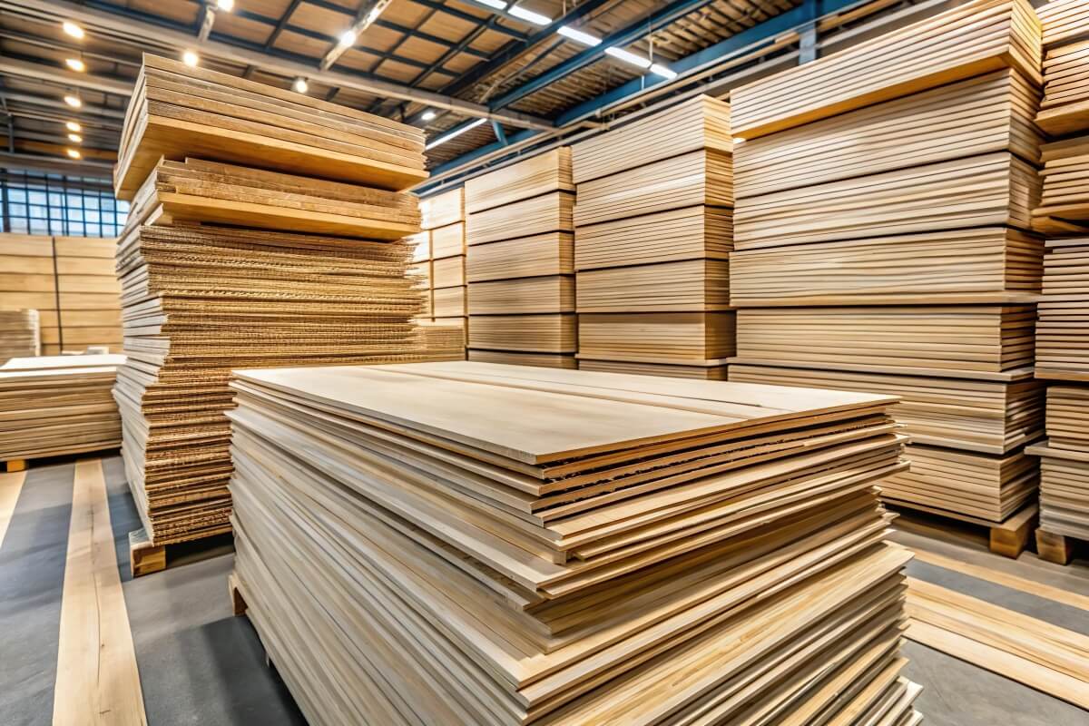 Stosy sklejki filmowanej w dużym magazynie.